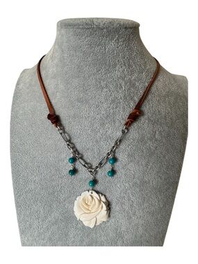 Sundance Designer Sterling Silver Ivory Pendant Turquoise Suede Necklace NEW
